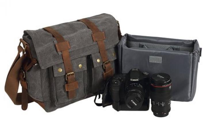 Polare Canvas Cowhide Leather DSLR/ SLR Camera Shoulder Messenger Bag